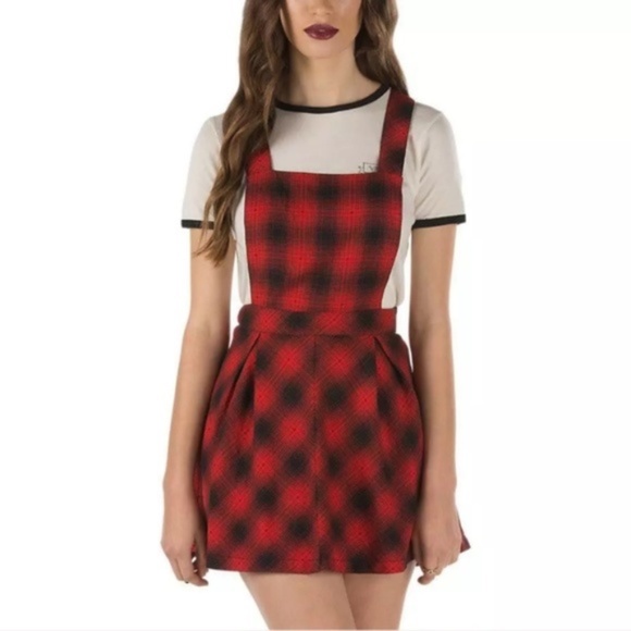 red & black plaid overall dress